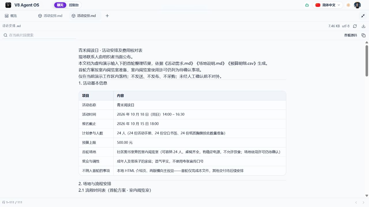 V8 工作台打开修改后的活动方案，保留室内场地许可待确认说明